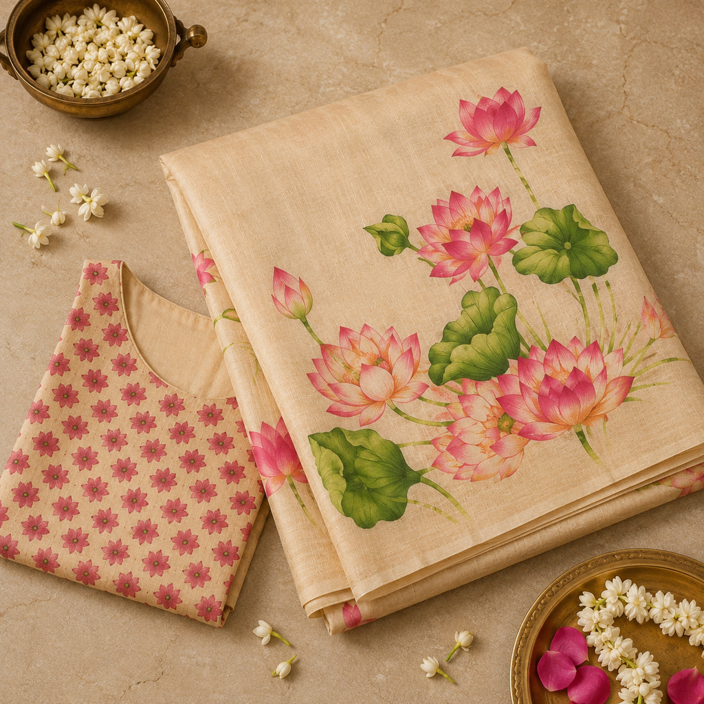 Pink Lotus Bloom Cotton Silk Saree with Blouse Piece