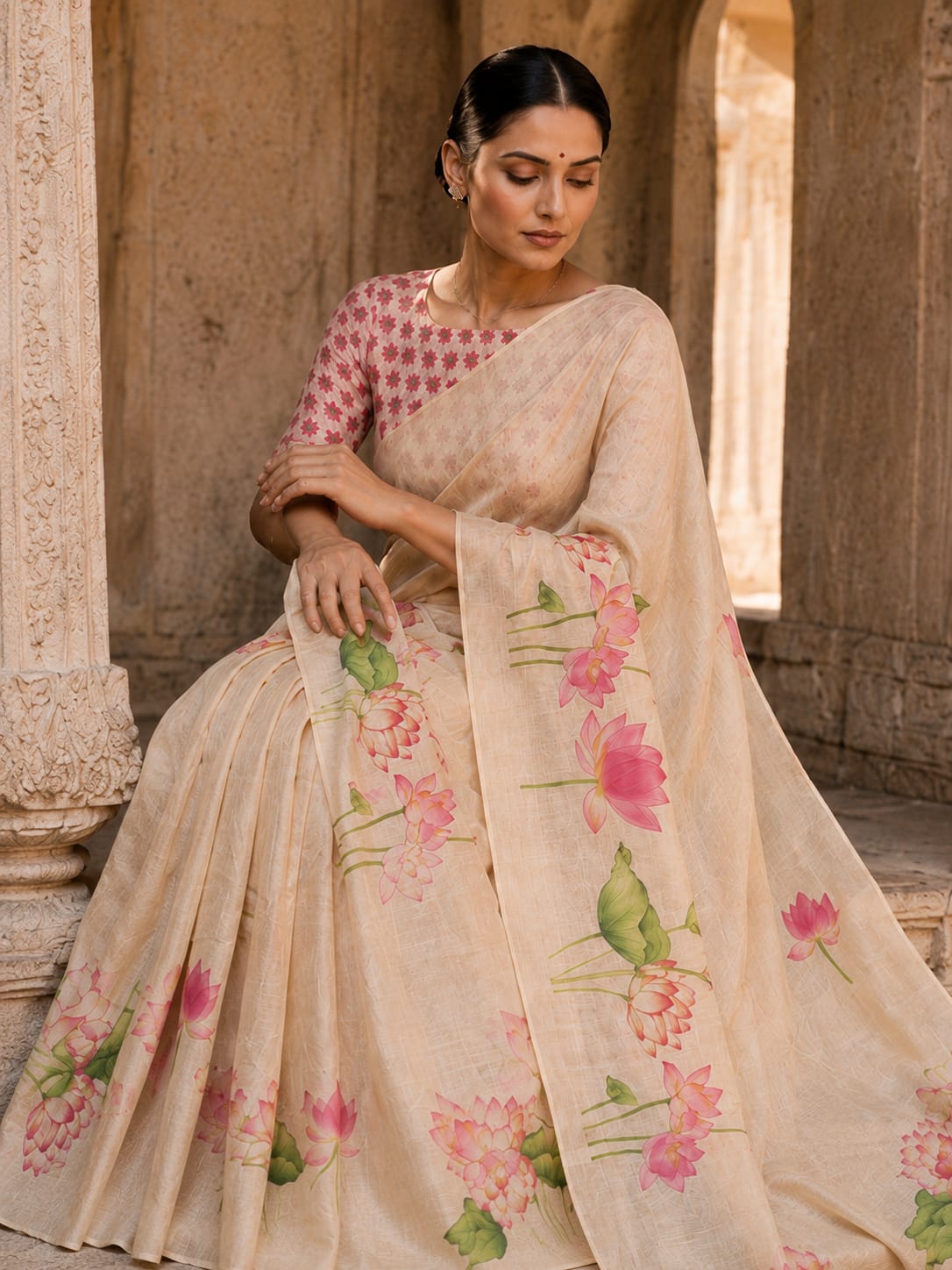 House of Nirwaa Pink Lotus Bloom Cotton Silk Saree