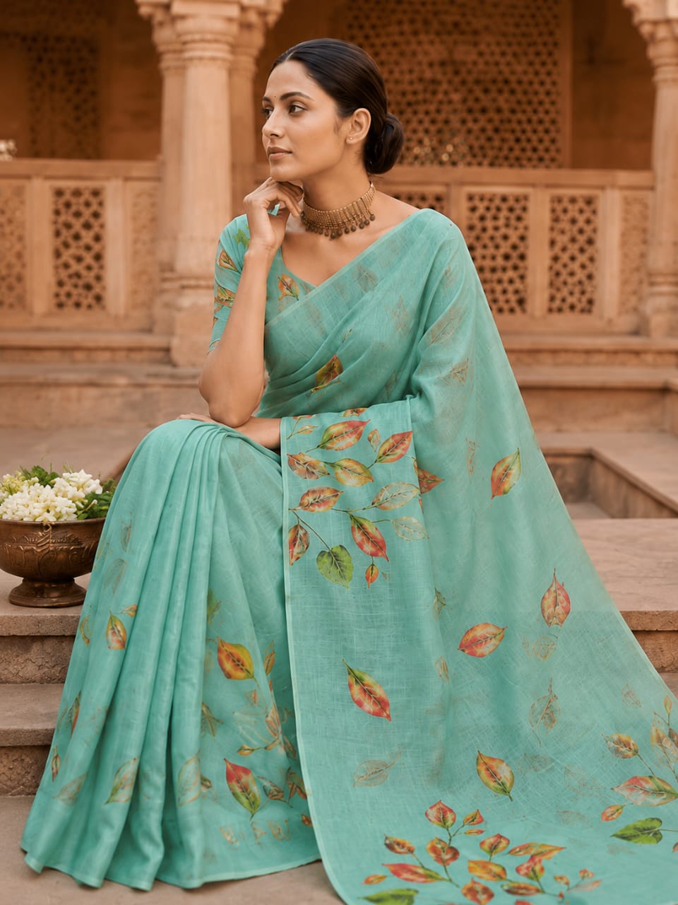 House of Nirwaa Aqua Leaf Symphony Cotton Silk Saree