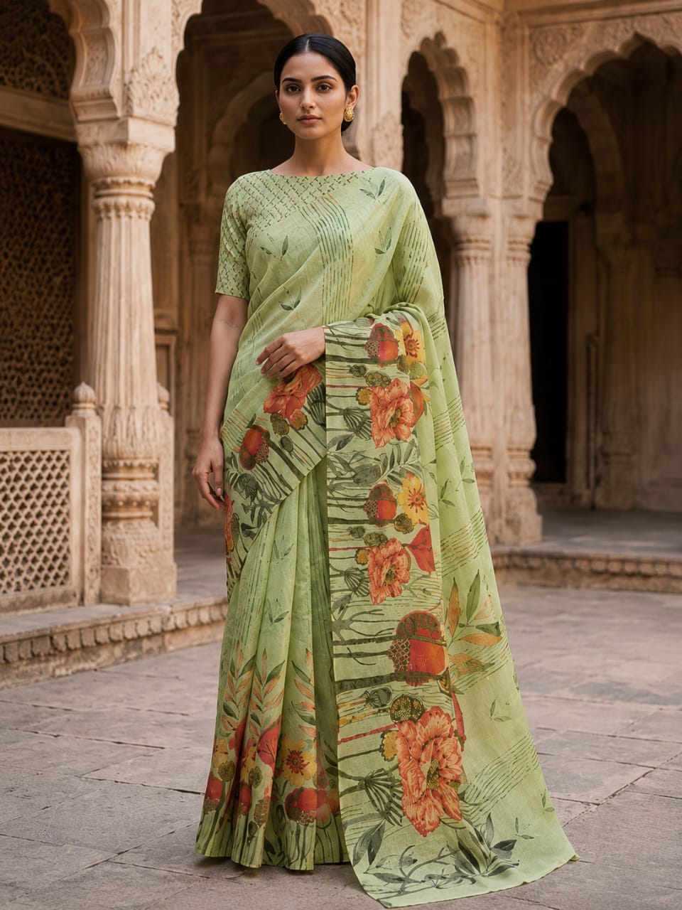 House of Nirwaa Pistachio Blossom Cotton Silk Saree