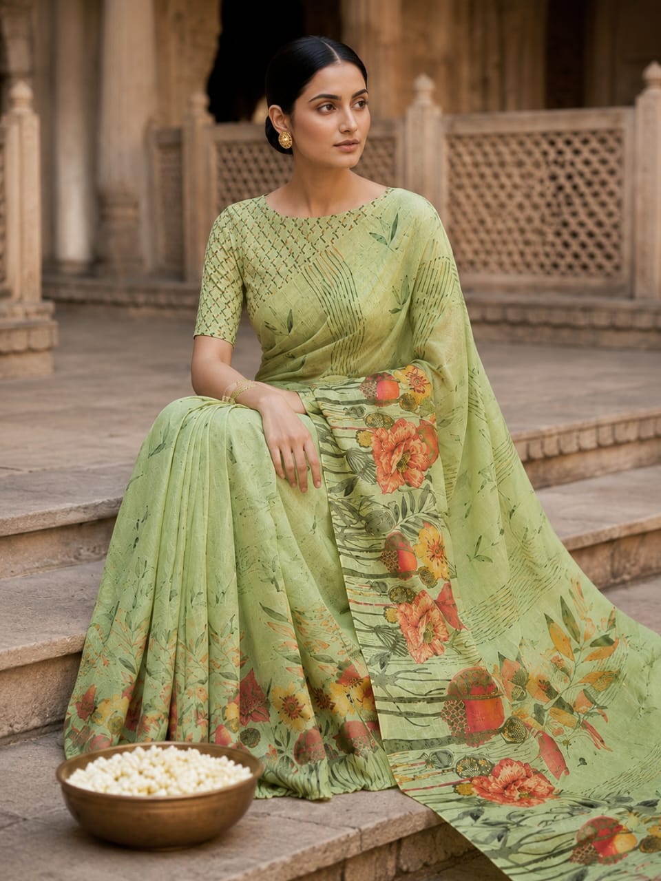 House of Nirwaa Pistachio Blossom Cotton Silk Saree