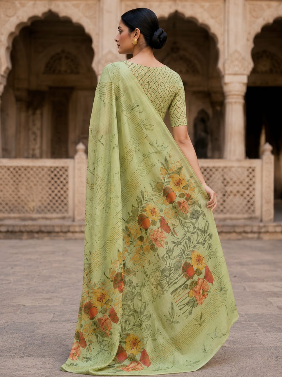 House of Nirwaa Pistachio Blossom Cotton Silk Saree