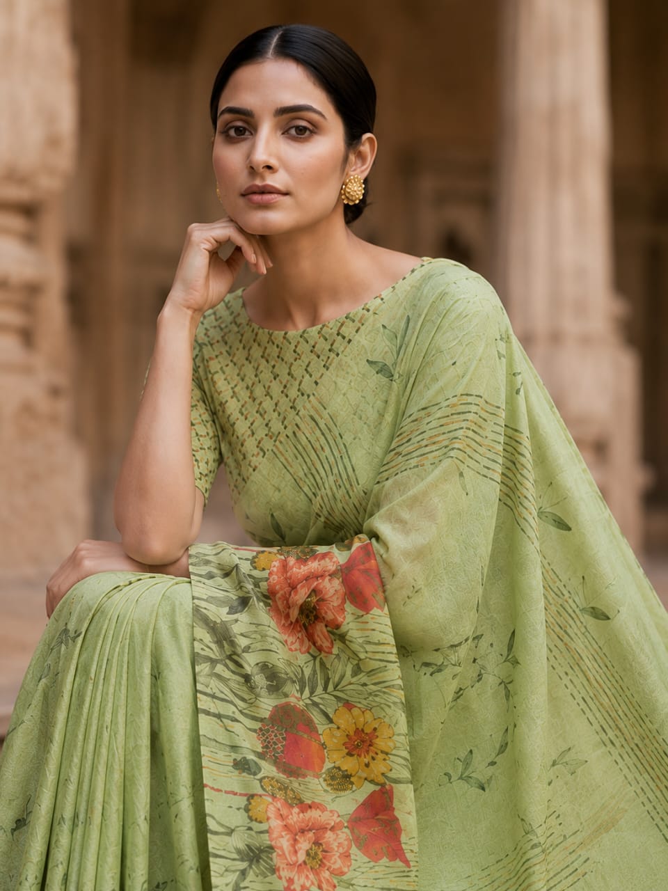 House of Nirwaa Pistachio Blossom Cotton Silk Saree