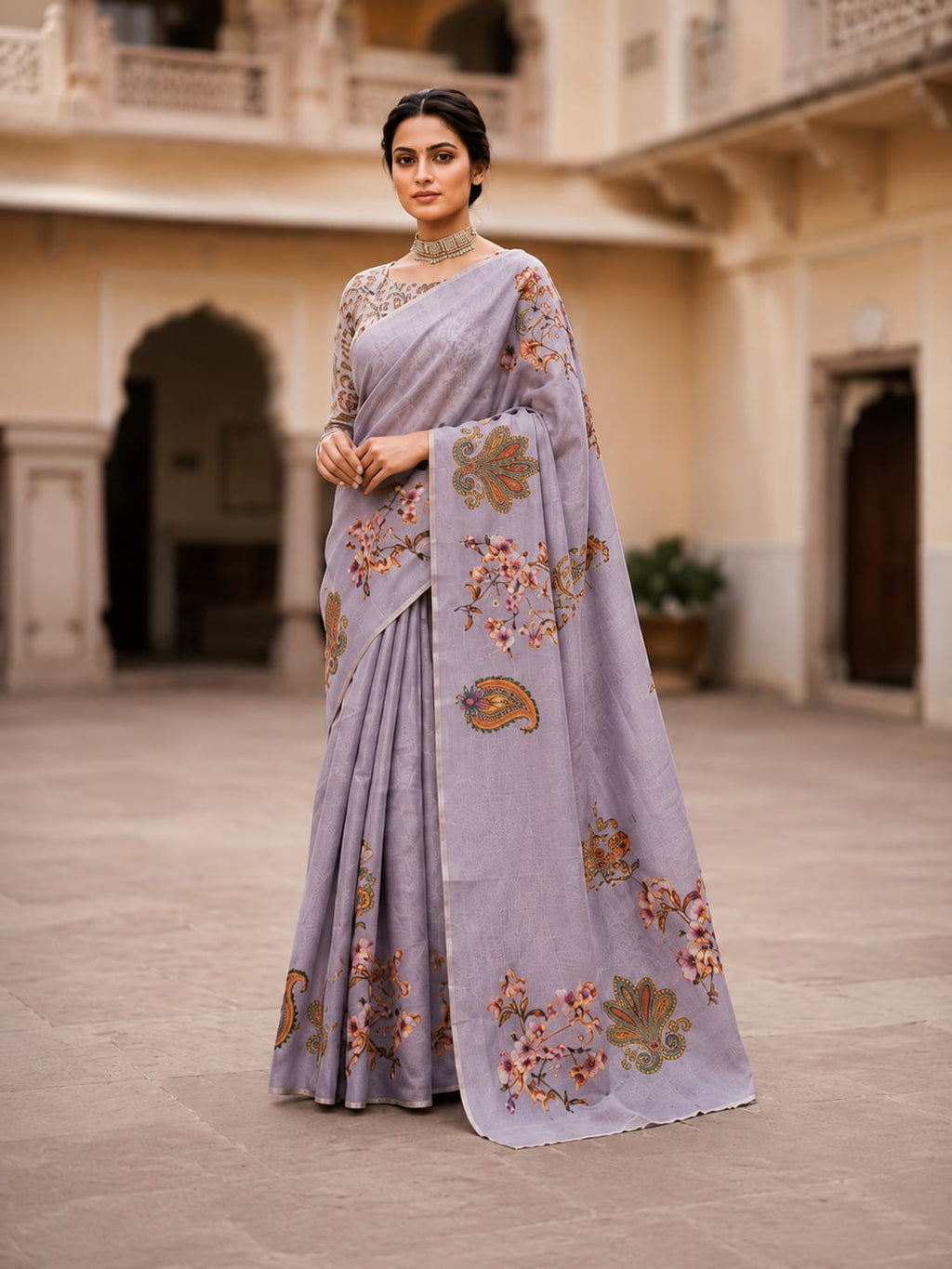 House of Nirwaa Lavender Paisley Grace Cotton Silk Saree