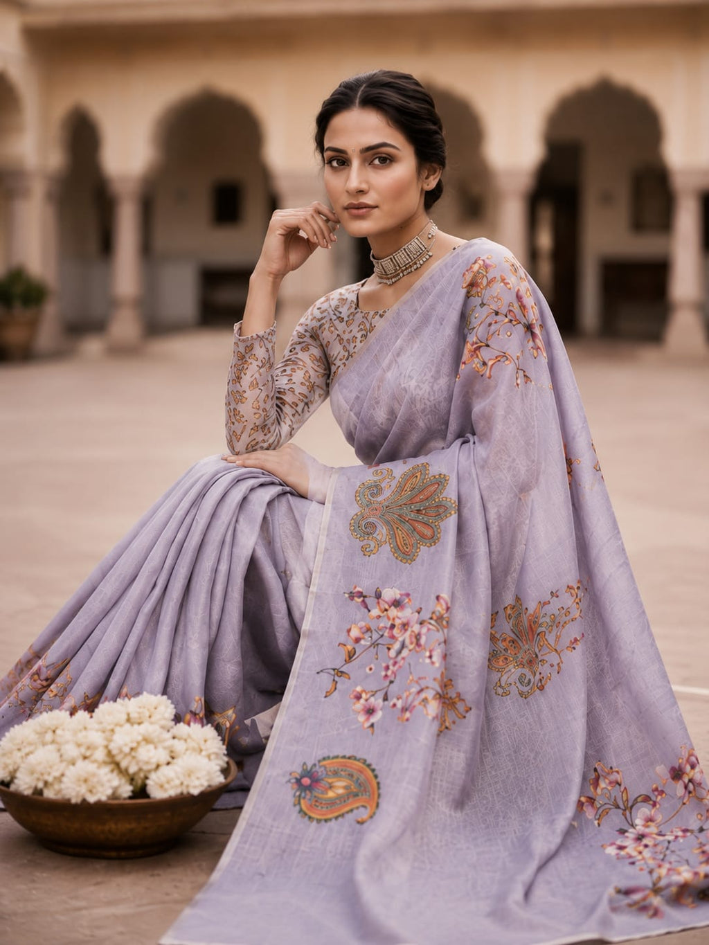 House of Nirwaa Lavender Paisley Grace Cotton Silk Saree