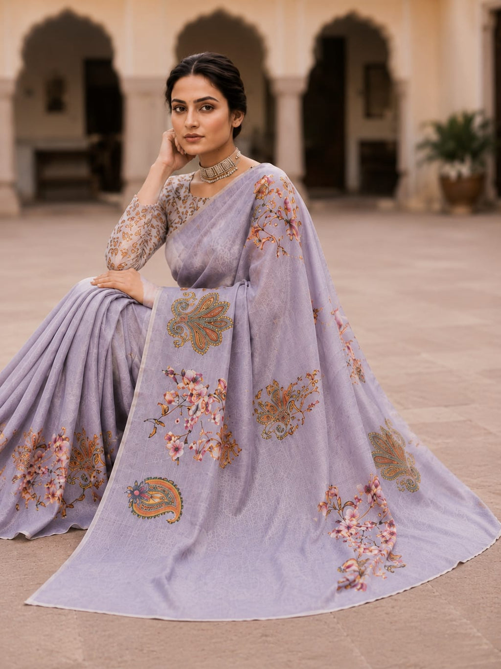 House of Nirwaa Lavender Paisley Grace Cotton Silk Saree