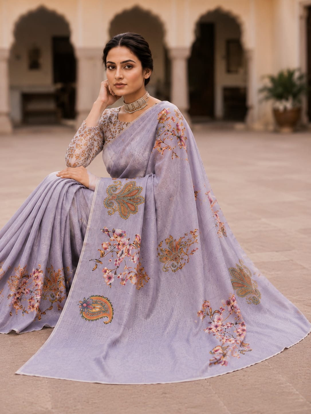 House of Nirwaa Lavender Paisley Grace Cotton Silk Saree