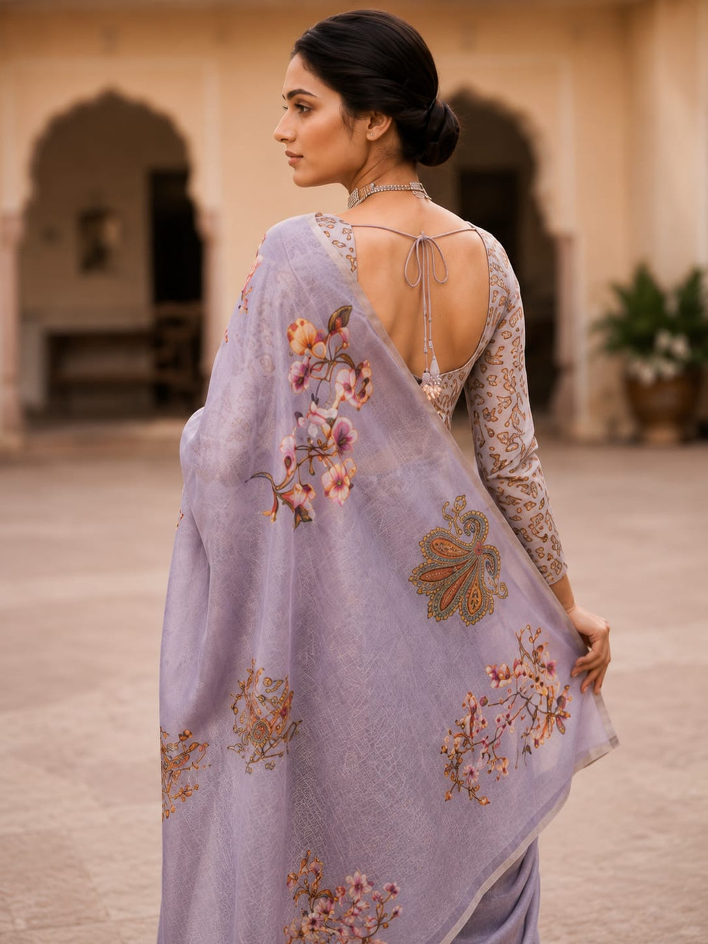 House of Nirwaa Lavender Paisley Grace Cotton Silk Saree