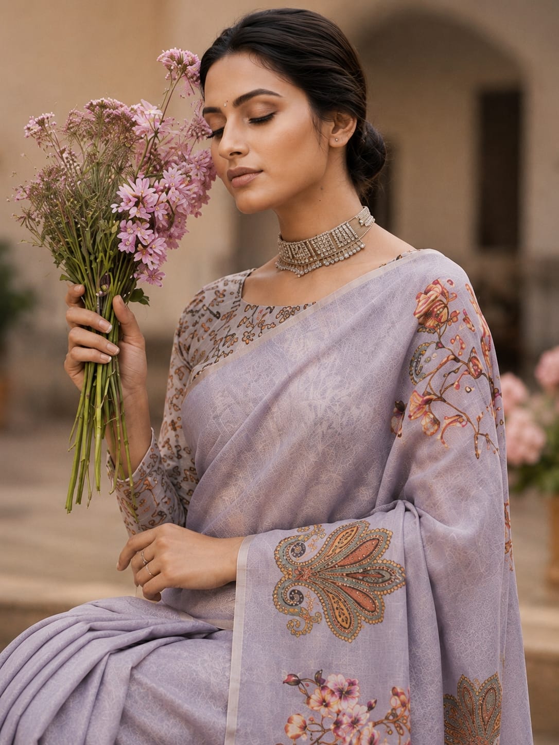 House of Nirwaa Lavender Paisley Grace Cotton Silk Saree