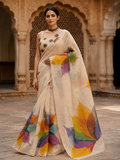 House of Nirwaa Ivory Leaf Symphony Cotton Silk Saree with Blouse Piece