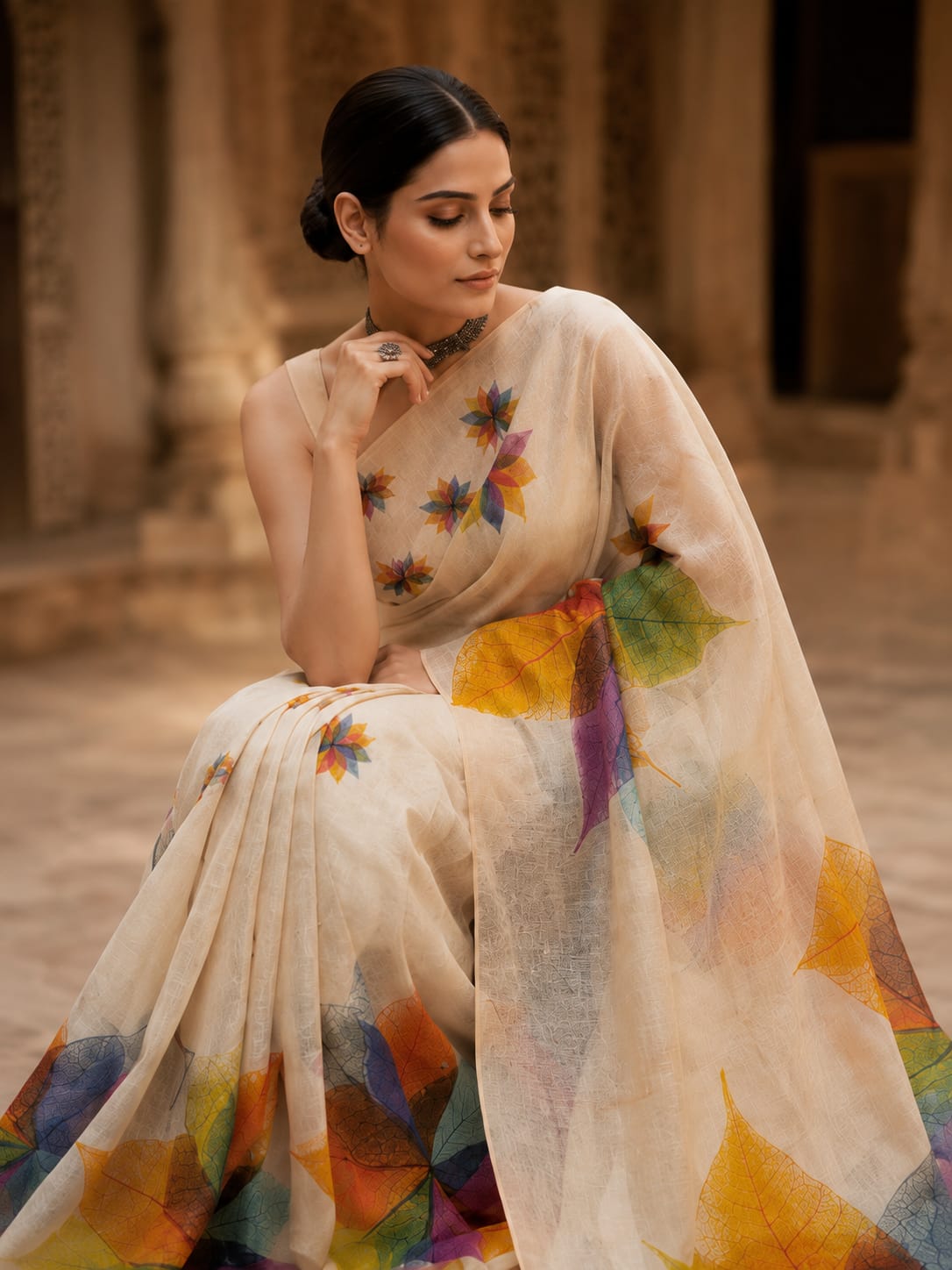 House of Nirwaa Ivory Leaf Symphony Cotton Silk Saree with Blouse Piece