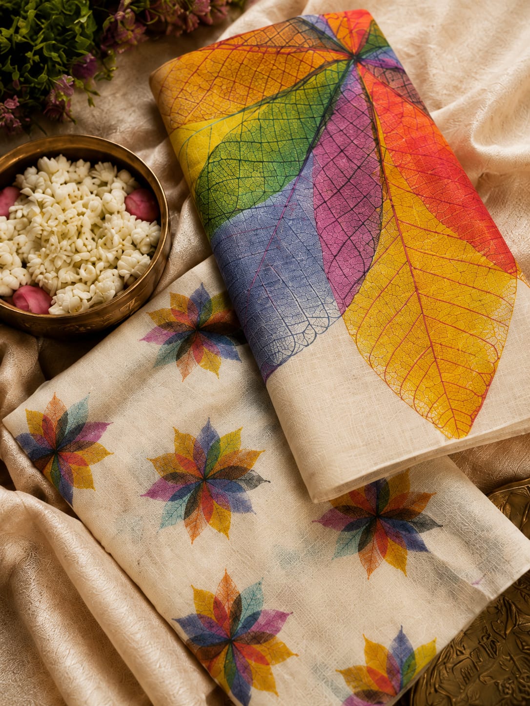 House of Nirwaa Ivory Leaf Symphony Cotton Silk Saree with Blouse Piece