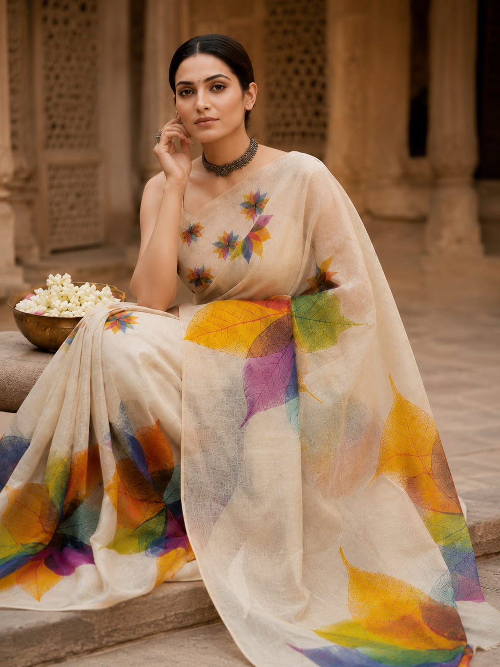 House of Nirwaa Ivory Leaf Symphony Cotton Silk Saree with Blouse Piece
