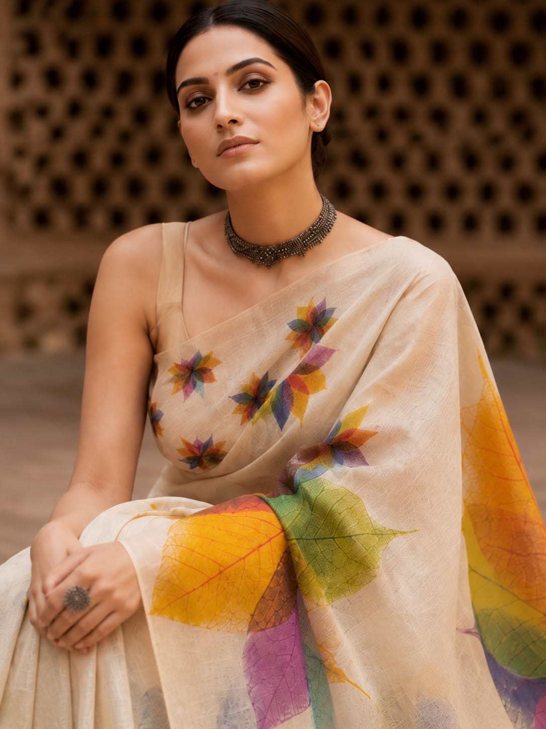 House of Nirwaa Ivory Leaf Symphony Cotton Silk Saree with Blouse Piece