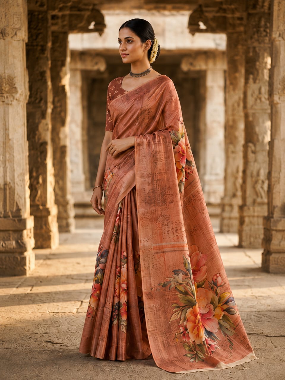 House of Nirwaa Rust Floral Grace Cotton Silk Saree with Blouse Piece