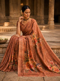 House of Nirwaa Rust Floral Grace Cotton Silk Saree with Blouse Piece