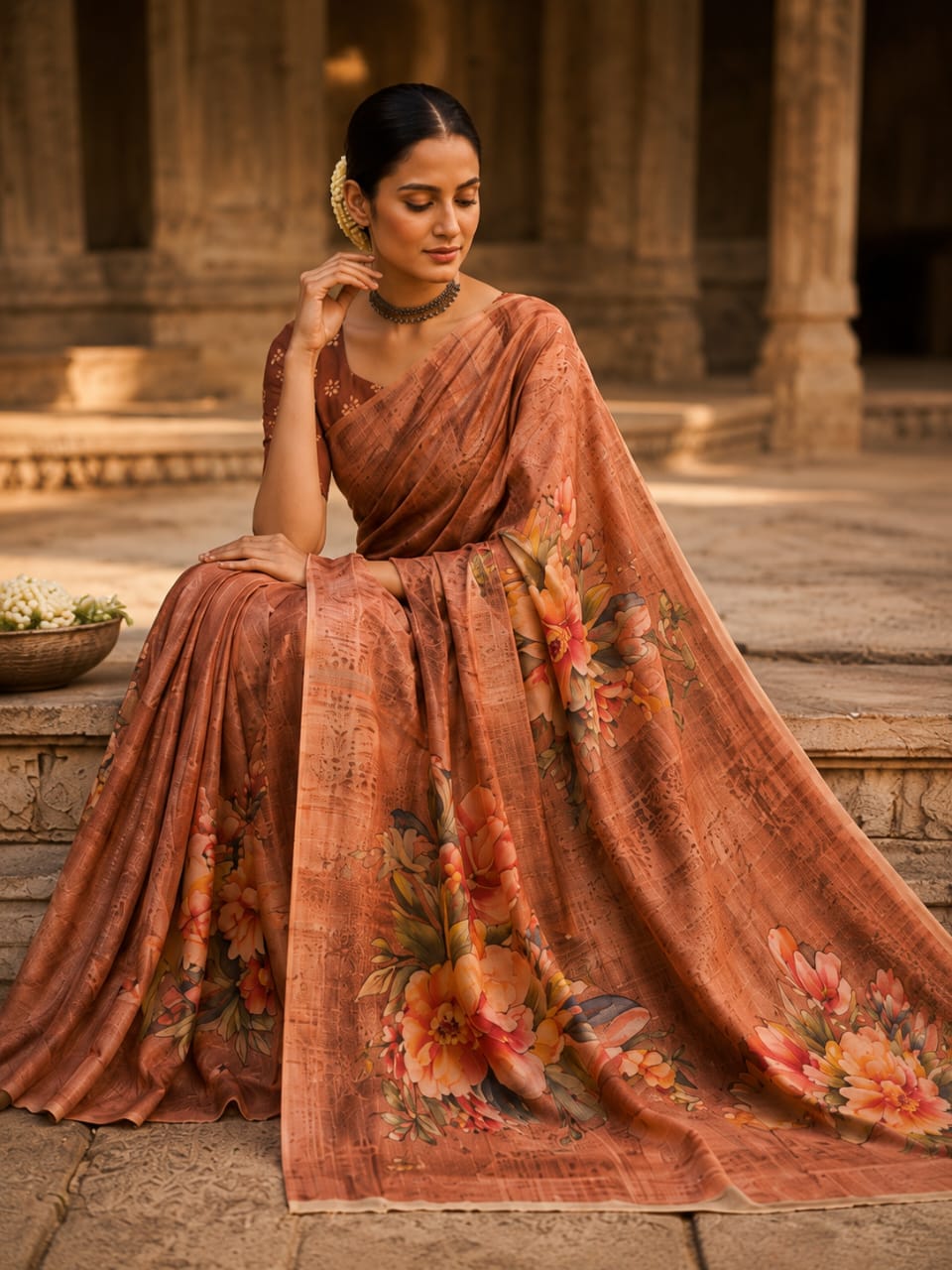 House of Nirwaa Rust Floral Grace Cotton Silk Saree with Blouse Piece