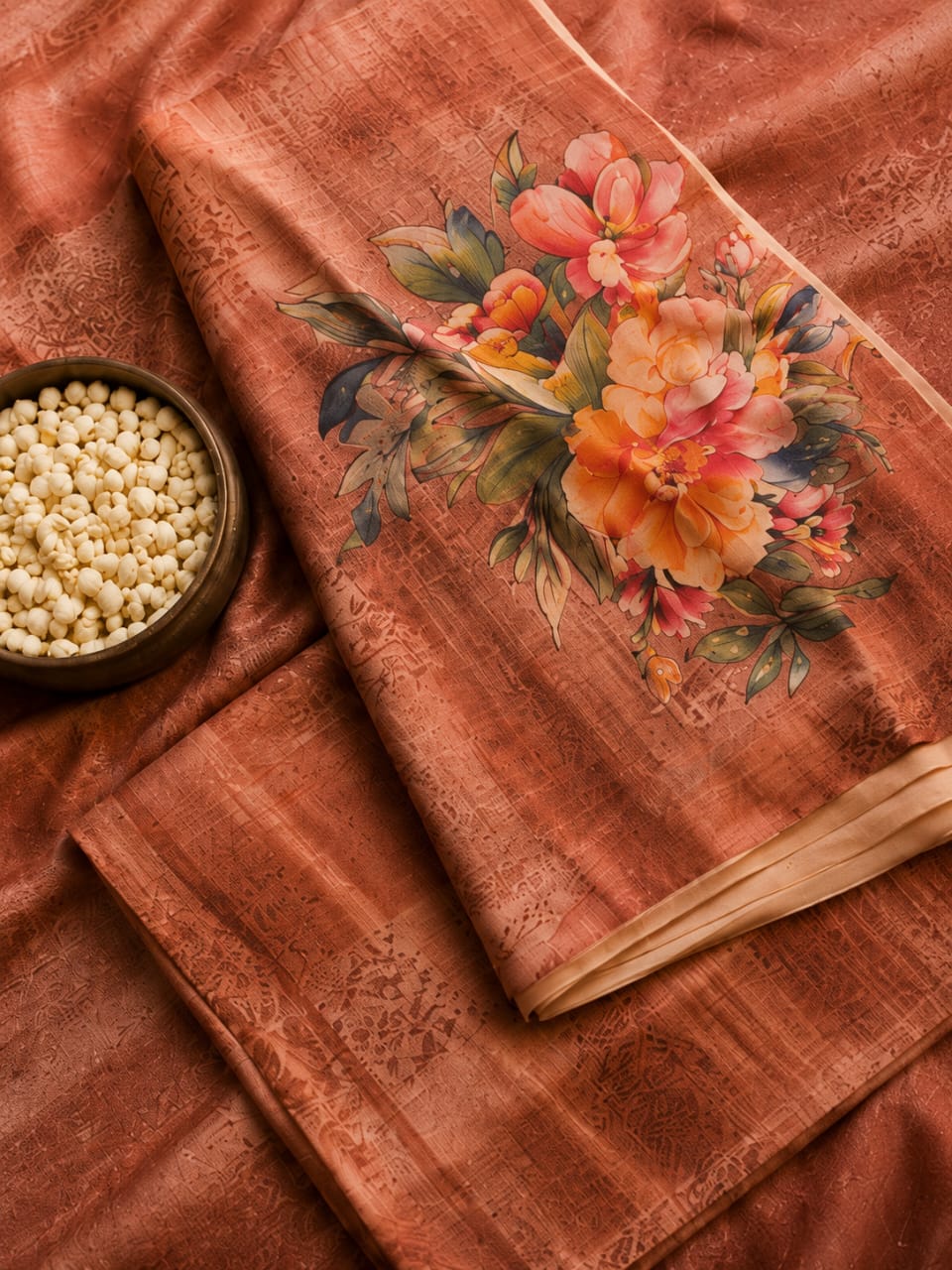 House of Nirwaa Rust Floral Grace Cotton Silk Saree with Blouse Piece