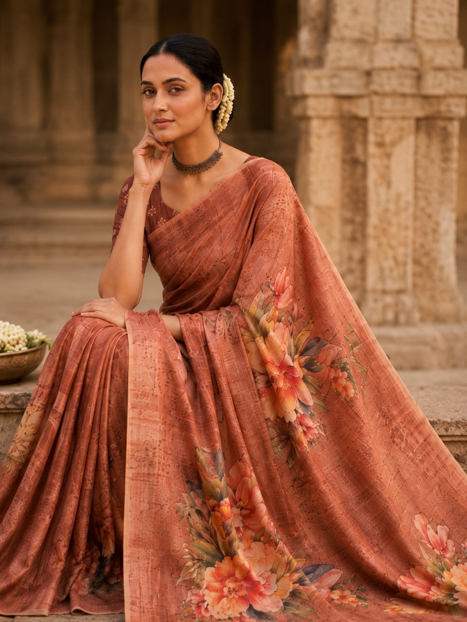 House of Nirwaa Rust Floral Grace Cotton Silk Saree with Blouse Piece