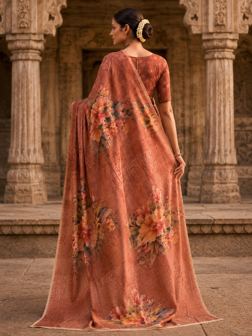 House of Nirwaa Rust Floral Grace Cotton Silk Saree with Blouse Piece