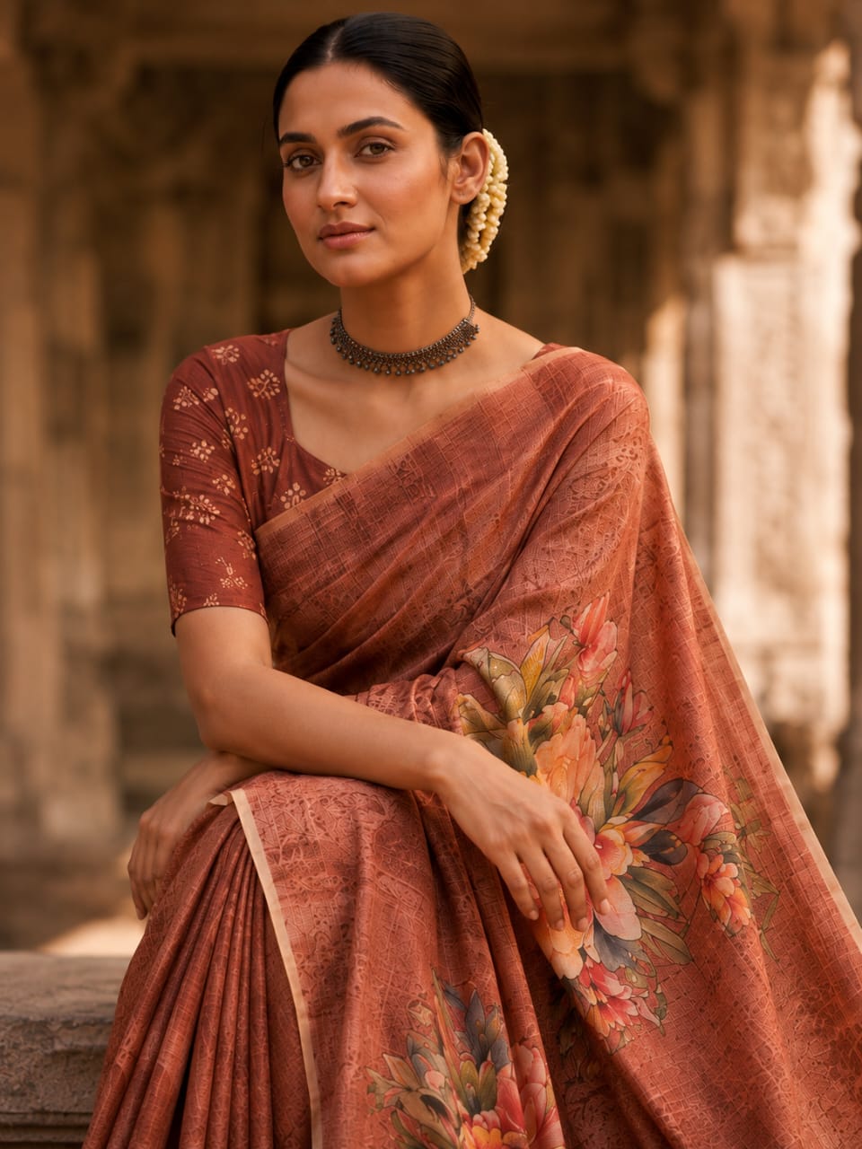 House of Nirwaa Rust Floral Grace Cotton Silk Saree with Blouse Piece
