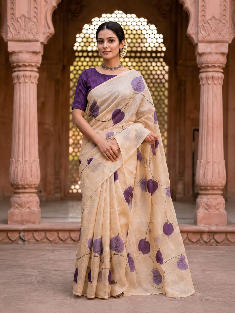 House of Nirwaa Ivory Violet Leaf Cotton Silk Saree with Blouse Piece