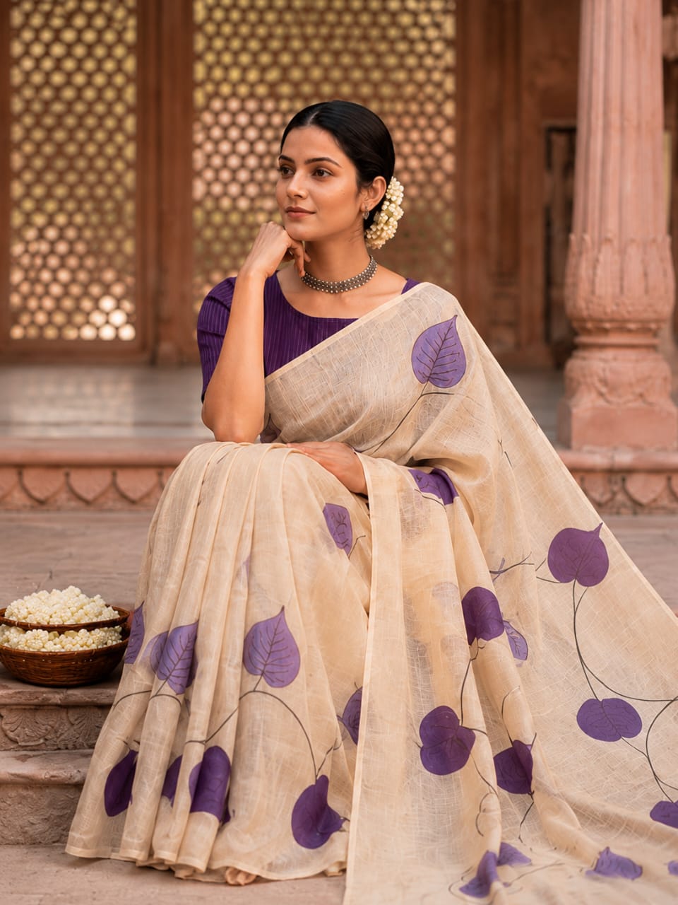 House of Nirwaa Ivory Violet Leaf Cotton Silk Saree with Blouse Piece