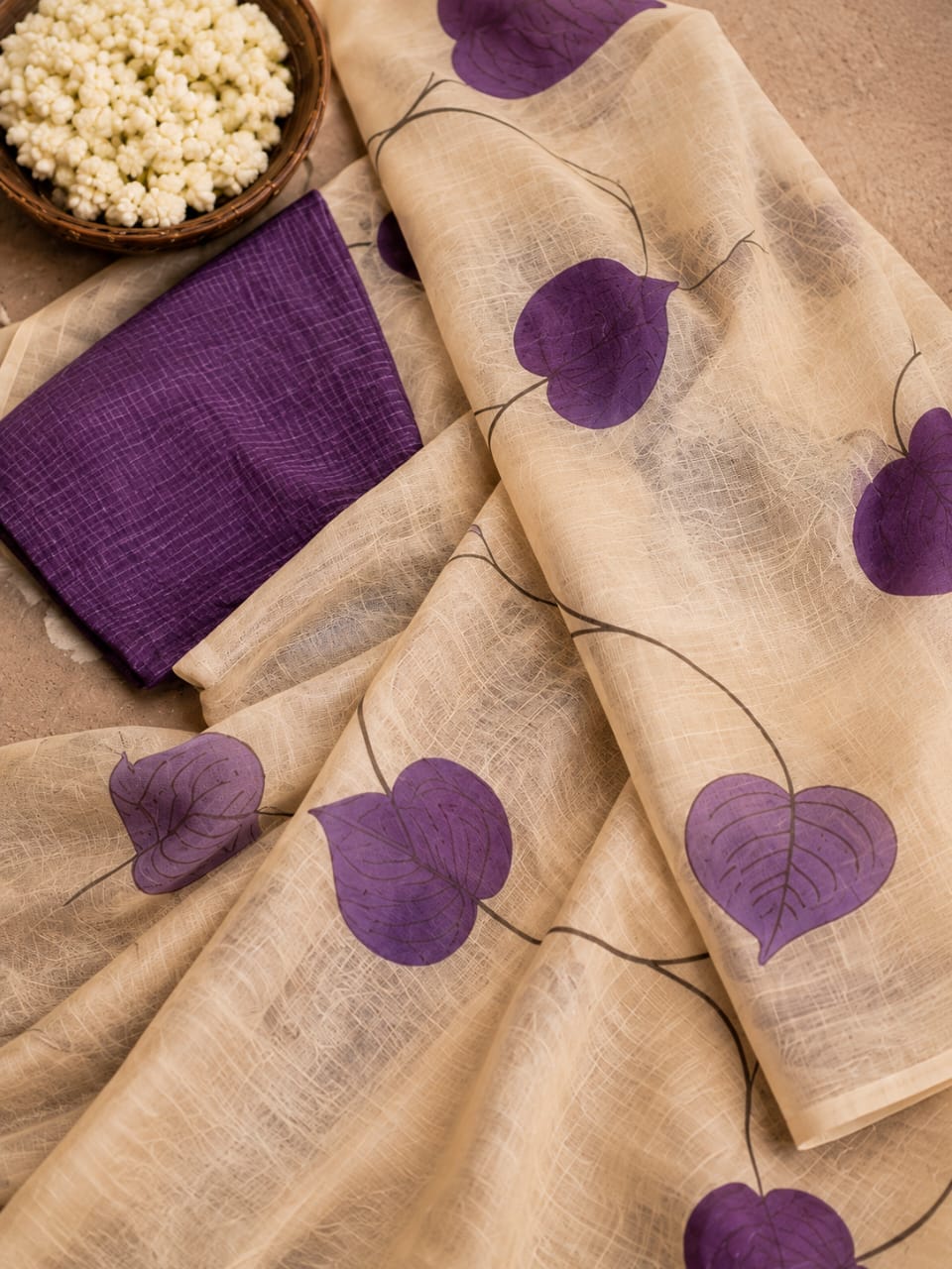 House of Nirwaa Ivory Violet Leaf Cotton Silk Saree with Blouse Piece