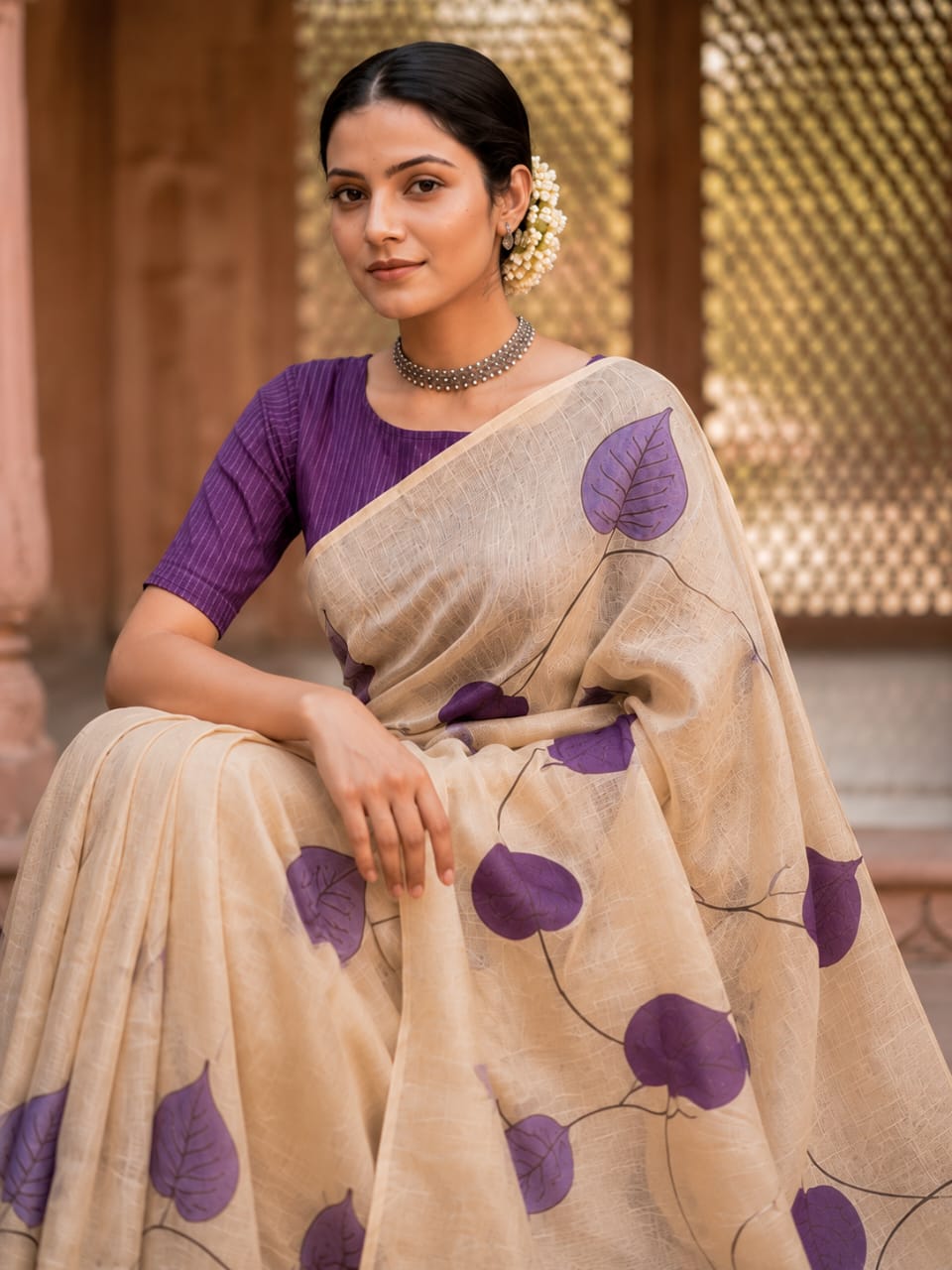 House of Nirwaa Ivory Violet Leaf Cotton Silk Saree with Blouse Piece