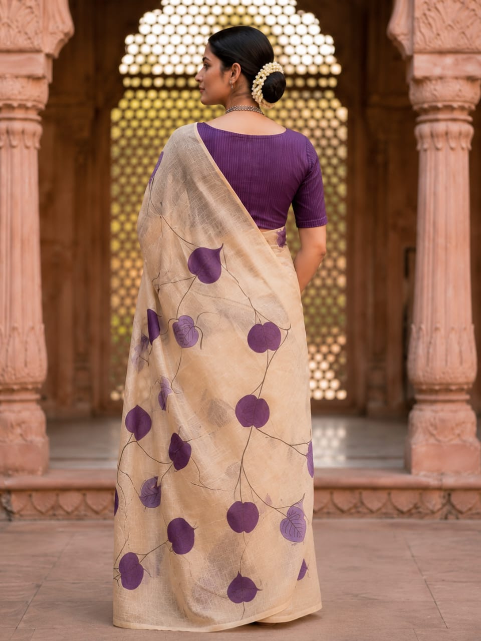 House of Nirwaa Ivory Violet Leaf Cotton Silk Saree with Blouse Piece