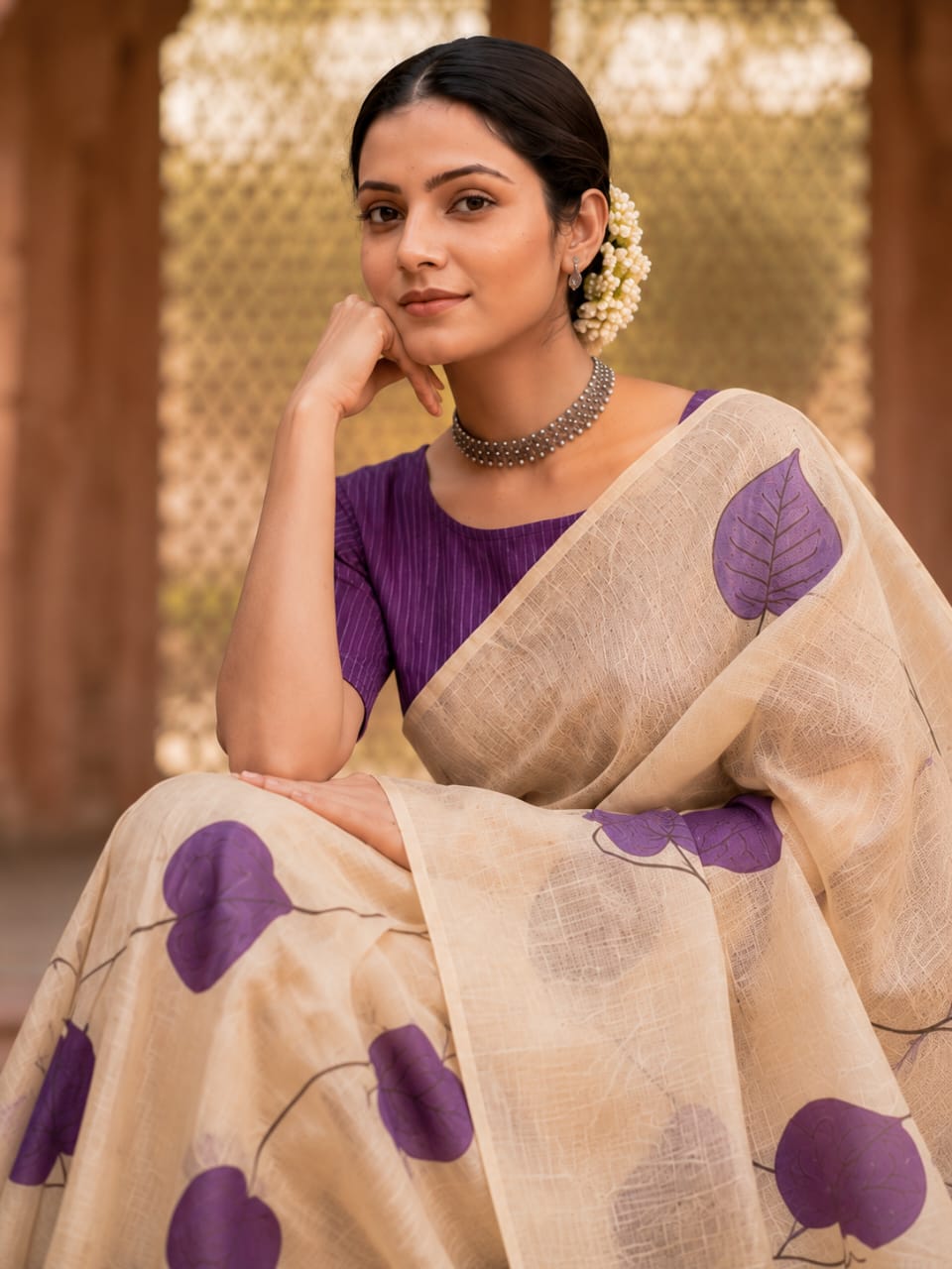 House of Nirwaa Ivory Violet Leaf Cotton Silk Saree with Blouse Piece