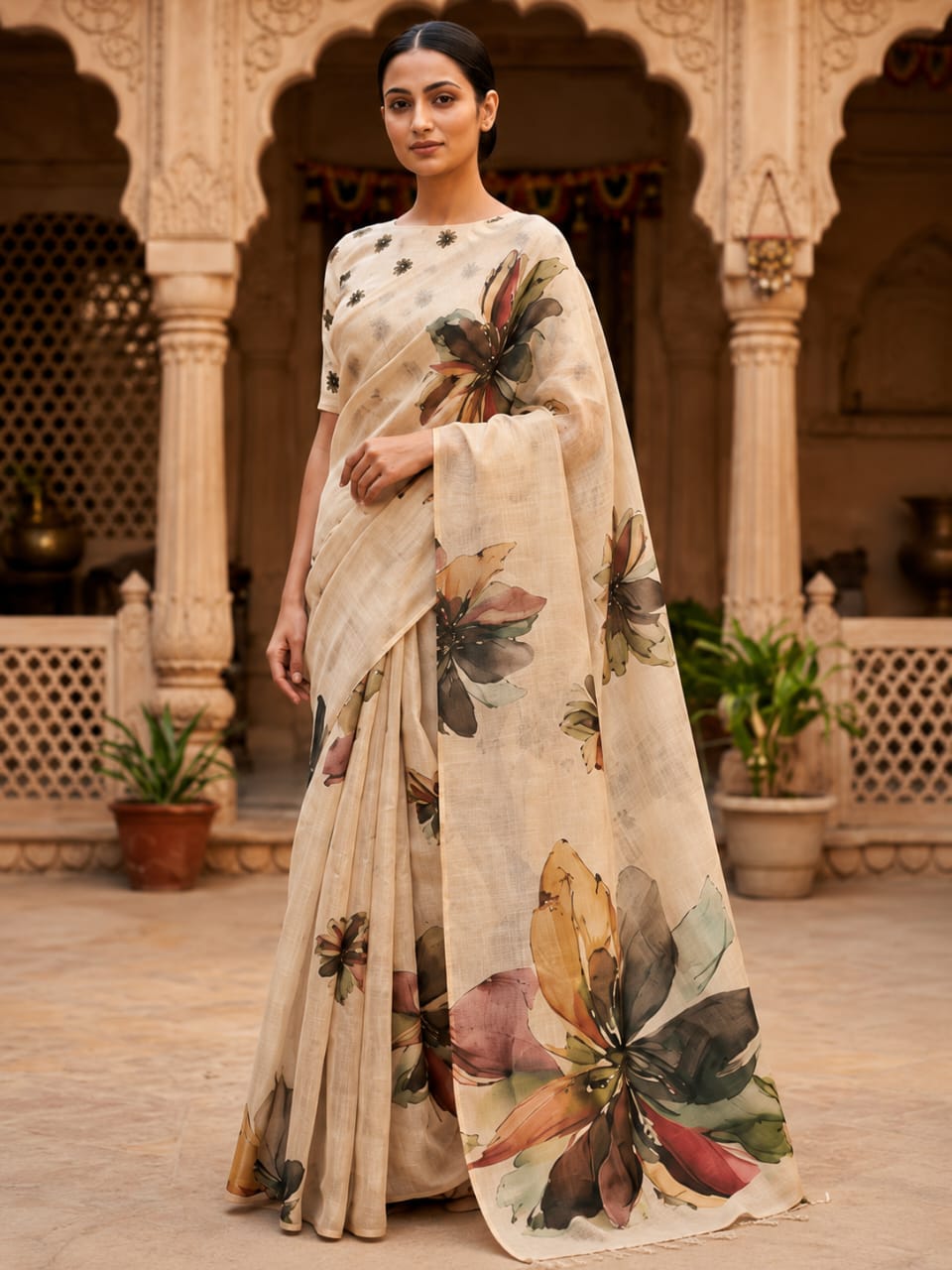 House of Nirwaa Ivory Floral Muse Cotton Silk Saree with Blouse Piece