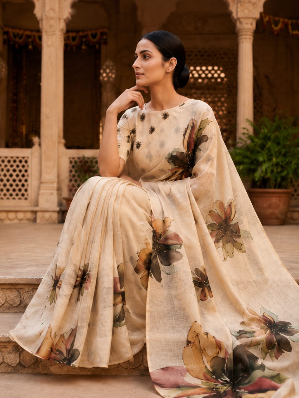 House of Nirwaa Ivory Floral Muse Cotton Silk Saree with Blouse Piece