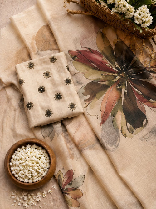 House of Nirwaa Ivory Floral Muse Cotton Silk Saree with Blouse Piece