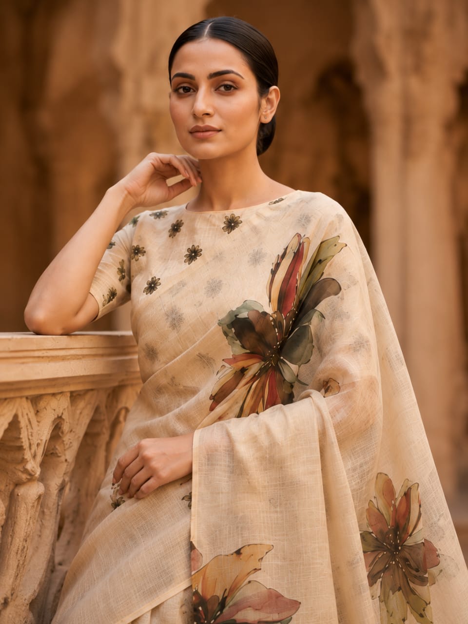 House of Nirwaa Ivory Floral Muse Cotton Silk Saree with Blouse Piece