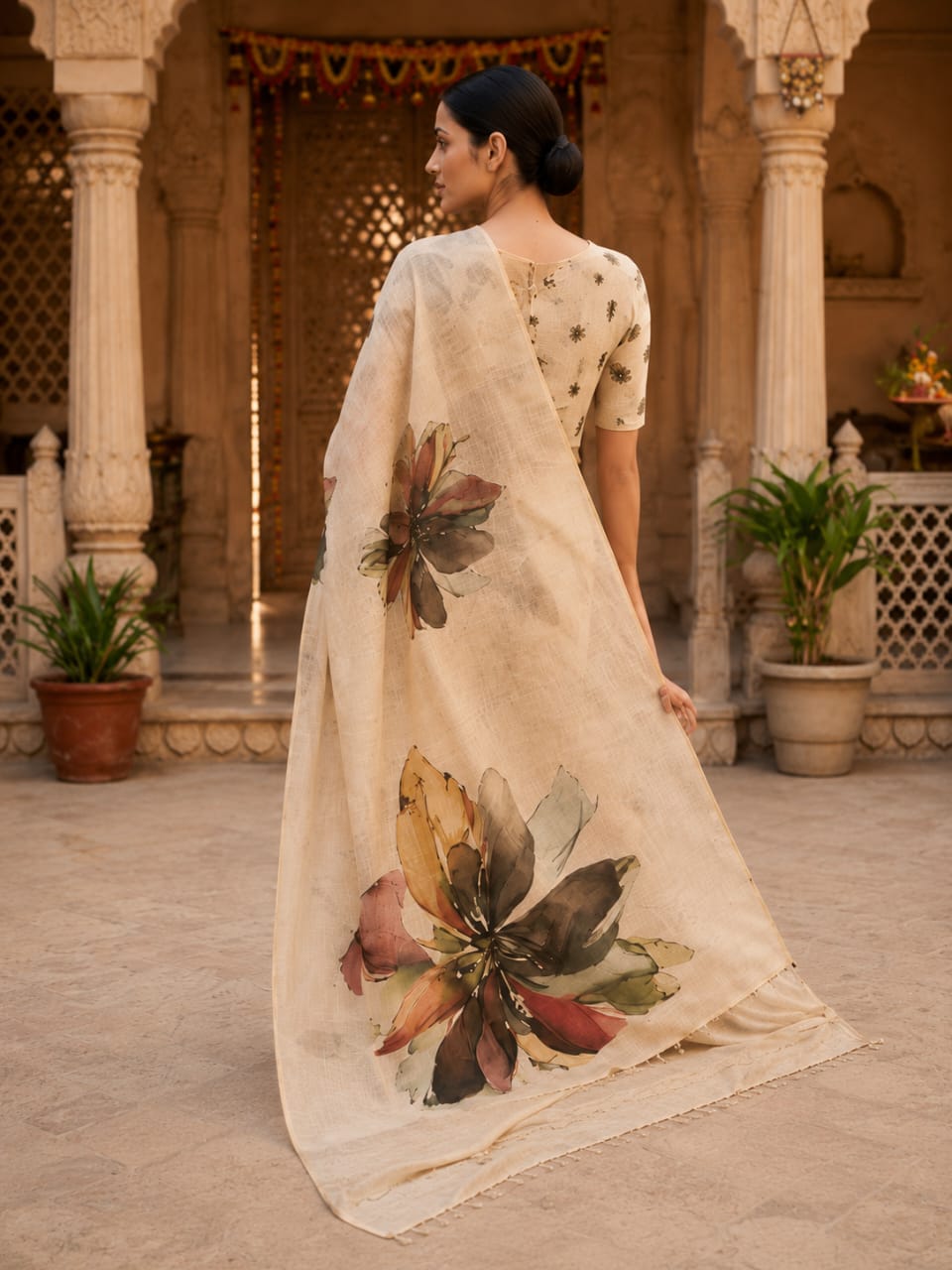 House of Nirwaa Ivory Floral Muse Cotton Silk Saree with Blouse Piece