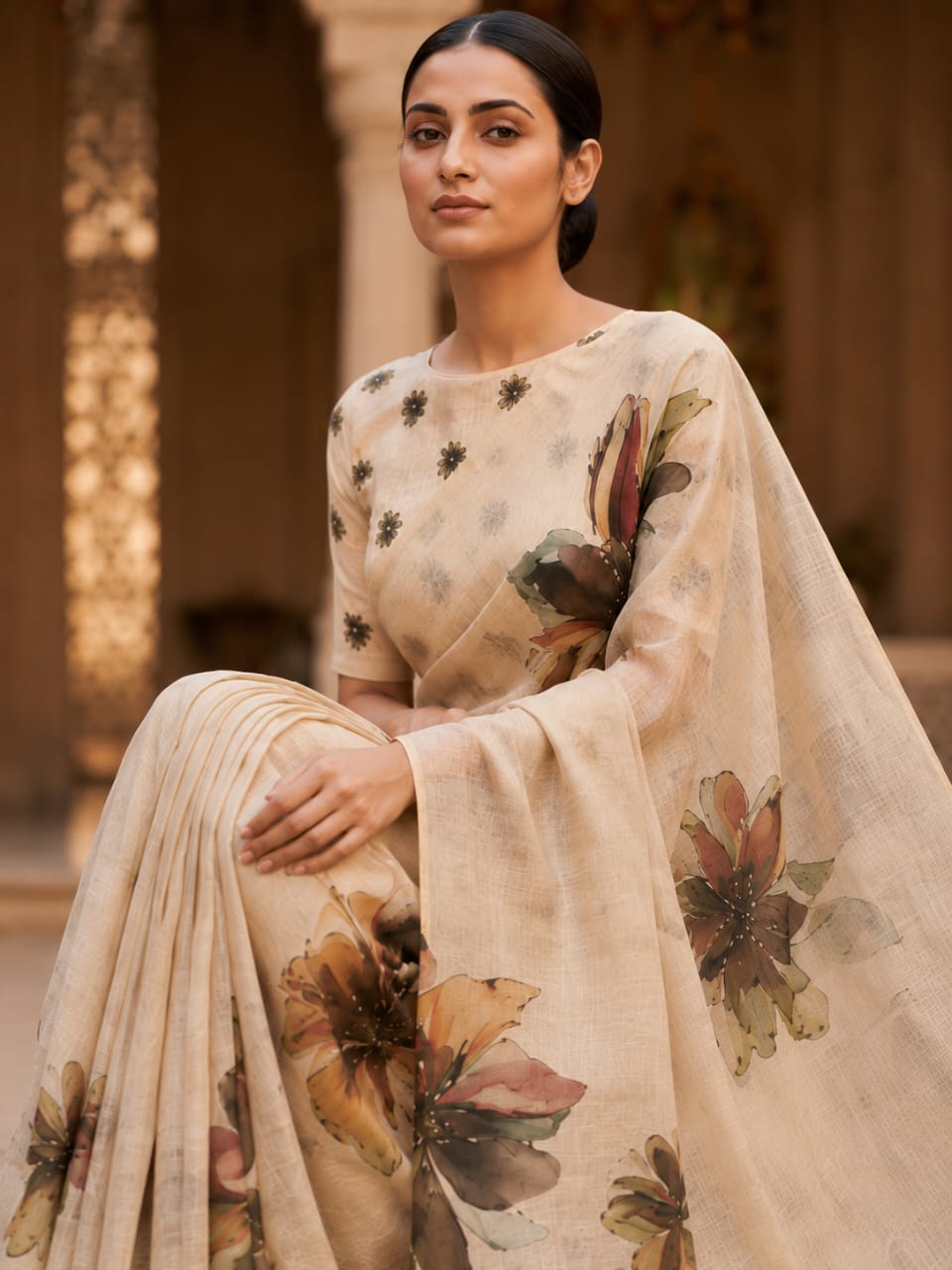 House of Nirwaa Ivory Floral Muse Cotton Silk Saree with Blouse Piece