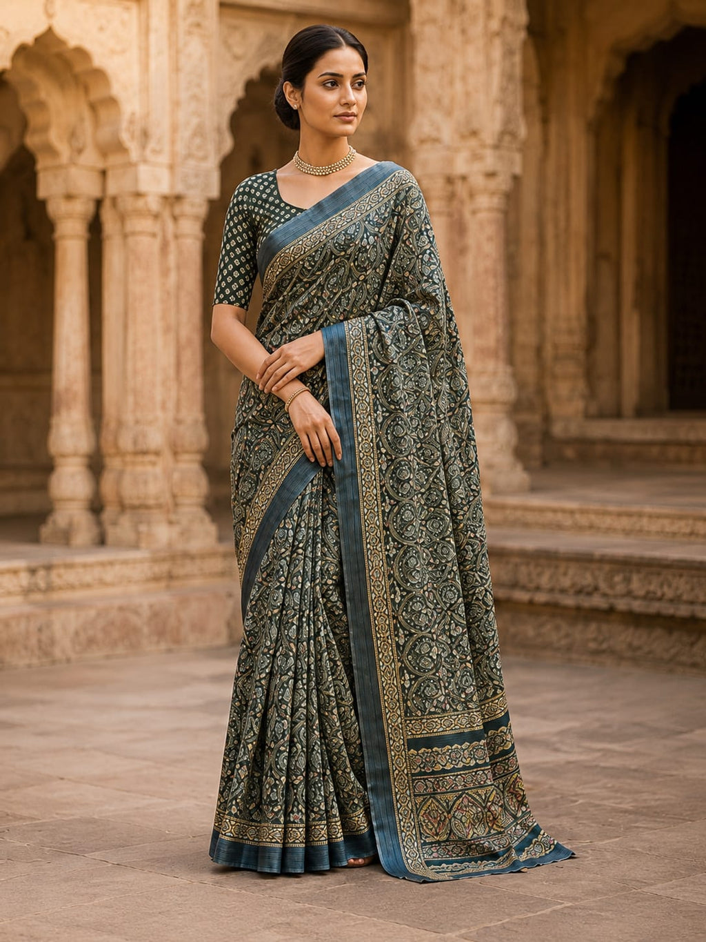 House of Nirwaa Teal Paisley Royale Cotton Silk Saree with Blouse Piece