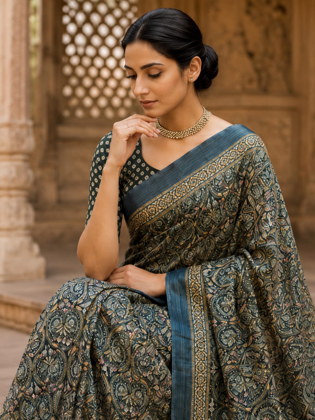 House of Nirwaa Teal Paisley Royale Cotton Silk Saree with Blouse Piece