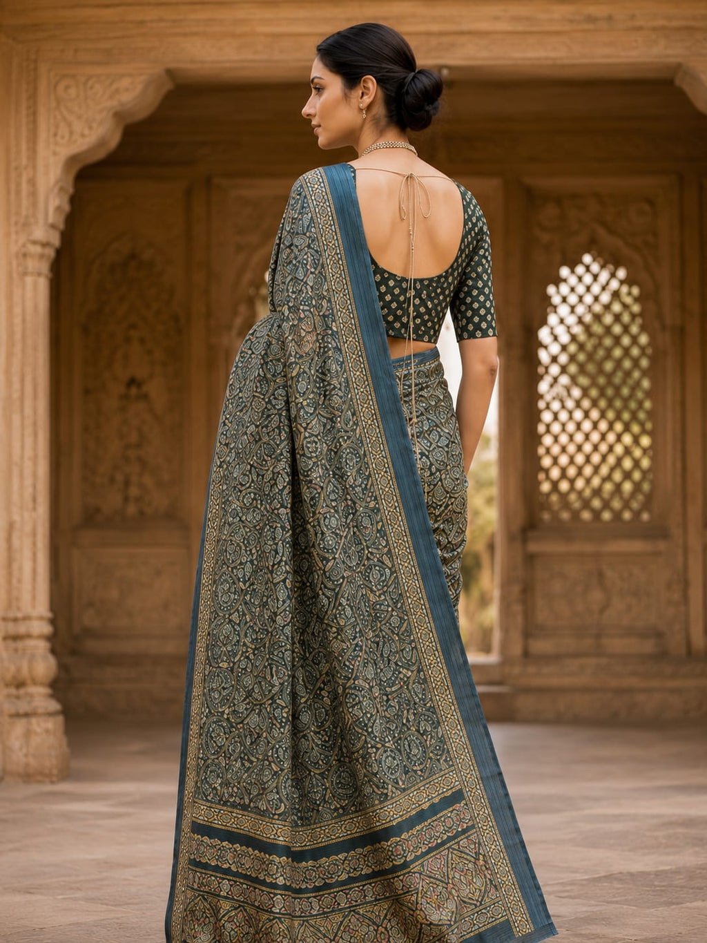 House of Nirwaa Teal Paisley Royale Cotton Silk Saree with Blouse Piece