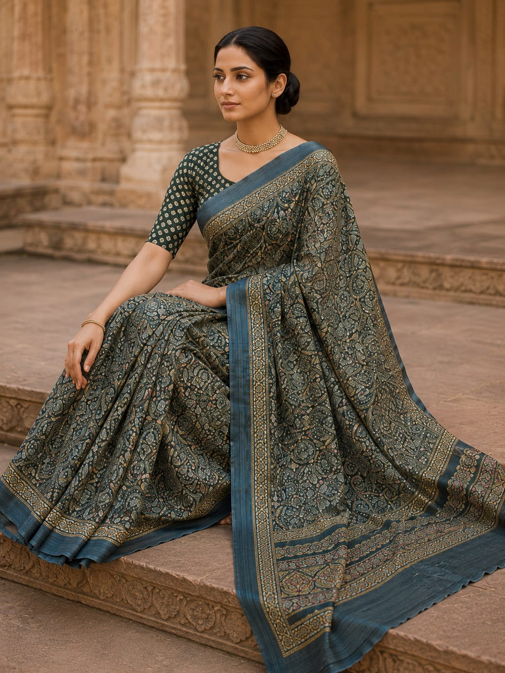 House of Nirwaa Teal Paisley Royale Cotton Silk Saree with Blouse Piece