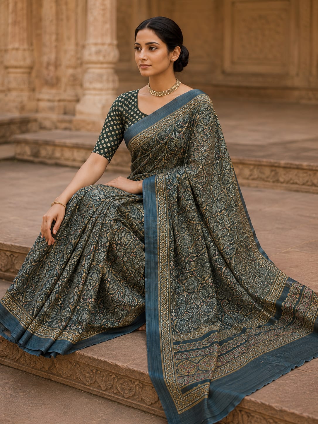 House of Nirwaa Teal Paisley Royale Cotton Silk Saree with Blouse Piece