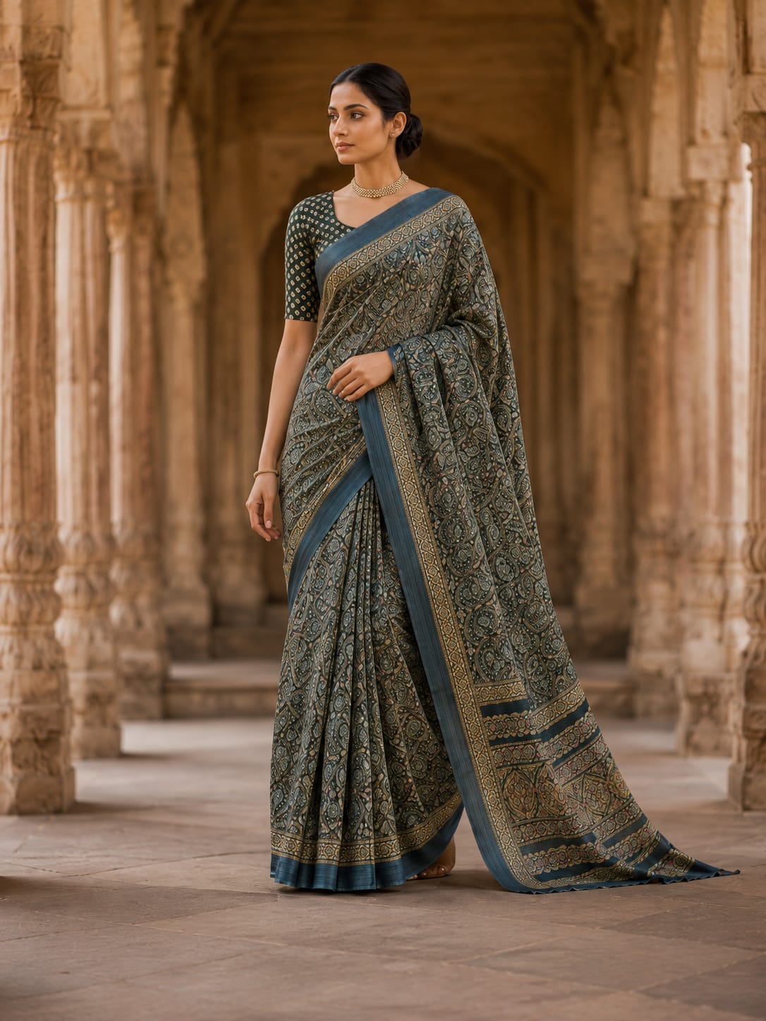 House of Nirwaa Teal Paisley Royale Cotton Silk Saree with Blouse Piece
