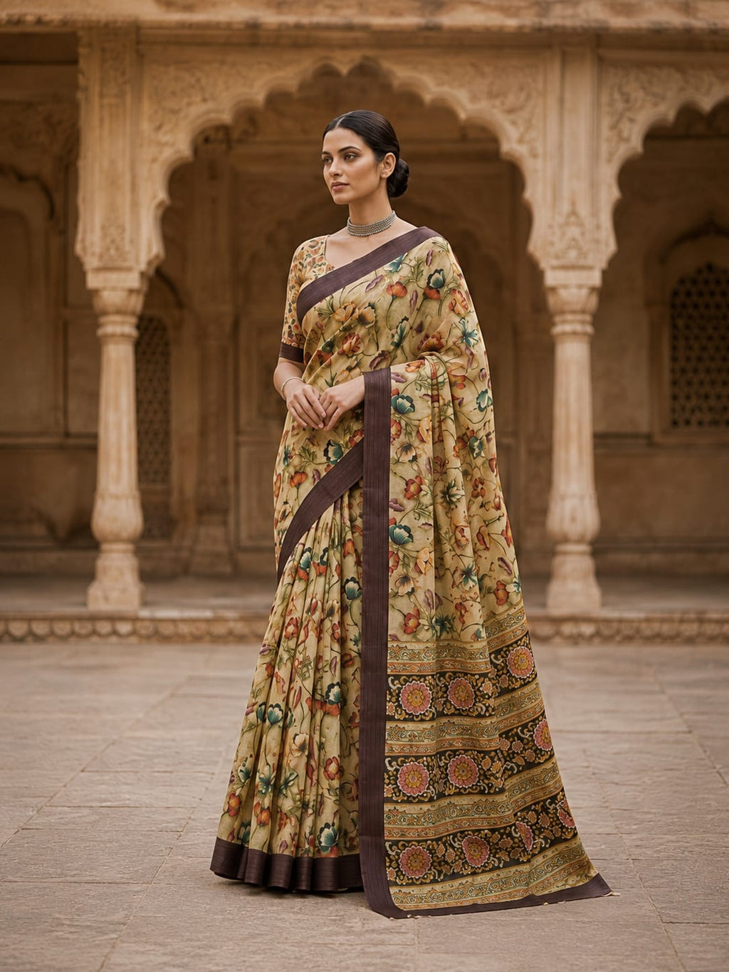 House of Nirwaa Teal Paisley Royale Cotton Silk Saree with Blouse Piece
