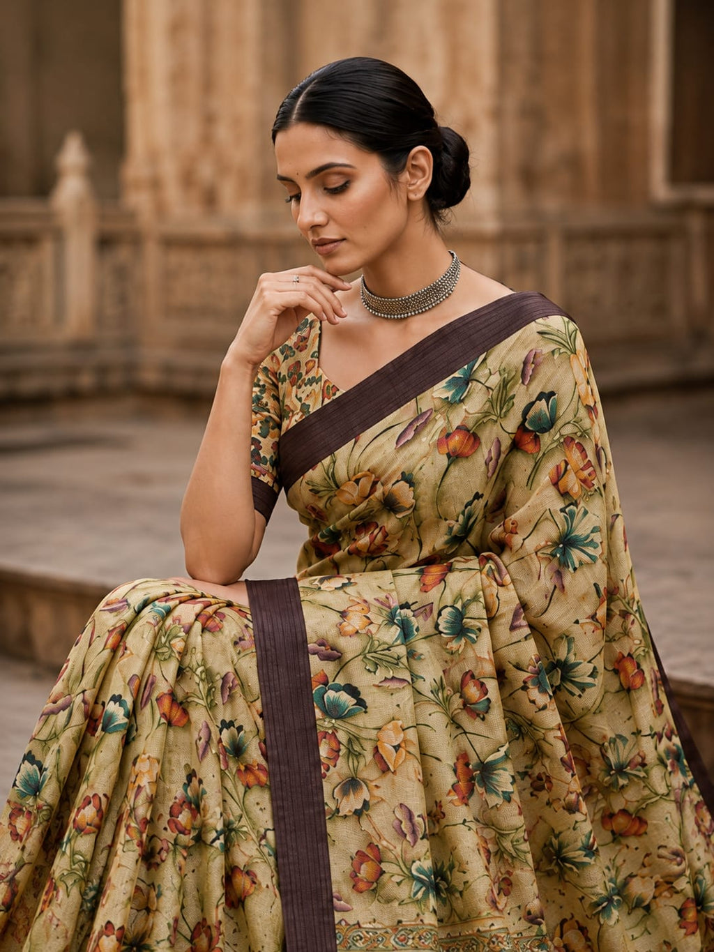 House of Nirwaa Teal Paisley Royale Cotton Silk Saree with Blouse Piece