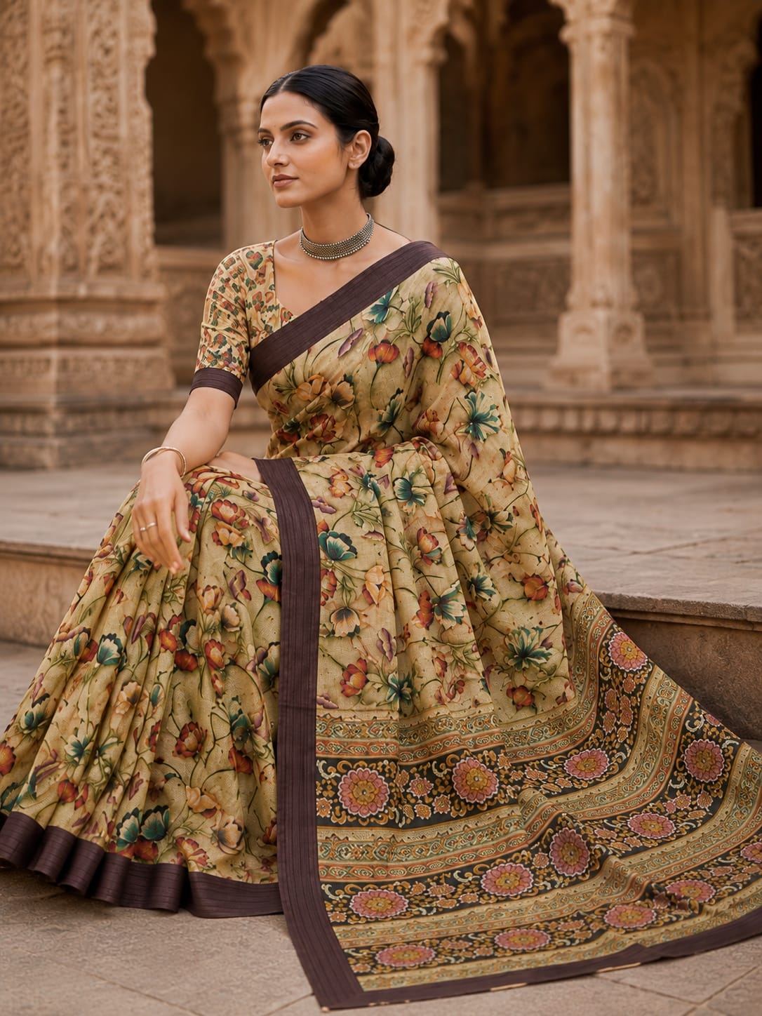 House of Nirwaa Teal Paisley Royale Cotton Silk Saree with Blouse Piece