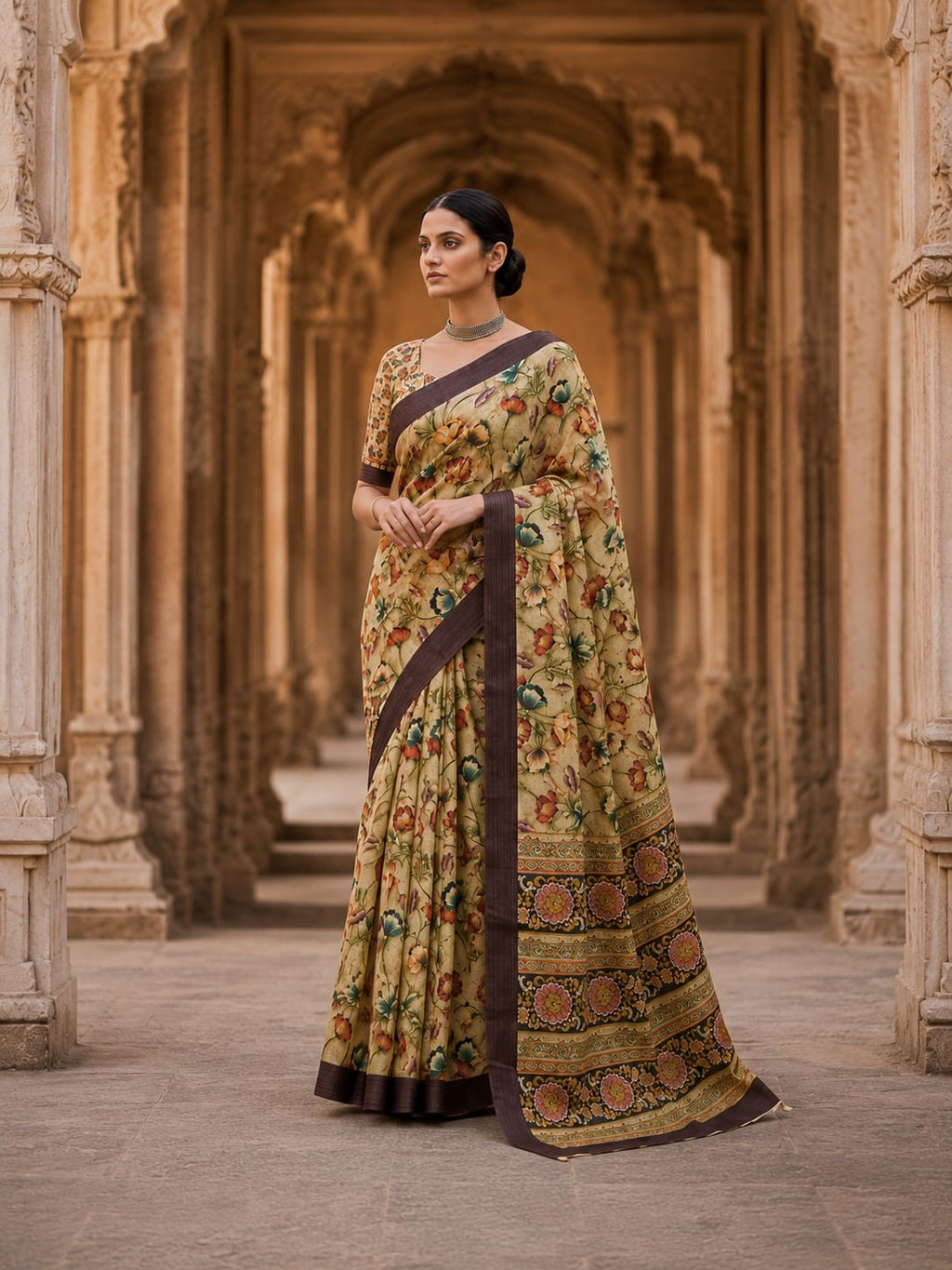 House of Nirwaa Teal Paisley Royale Cotton Silk Saree with Blouse Piece